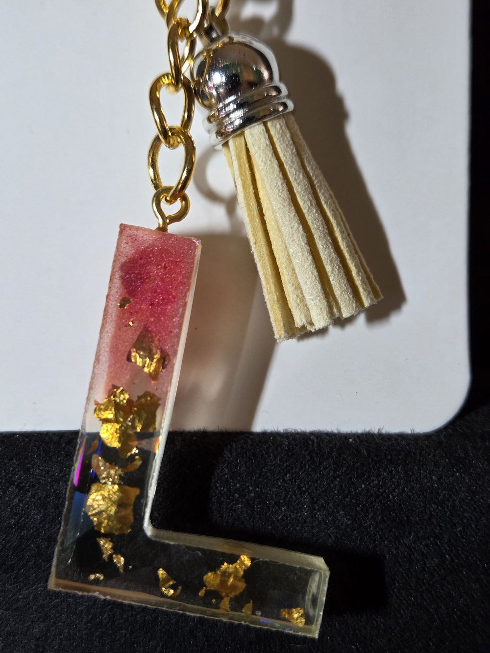 Personalized 'L' Resin Keychain with Pink Accent and Cream Tassel